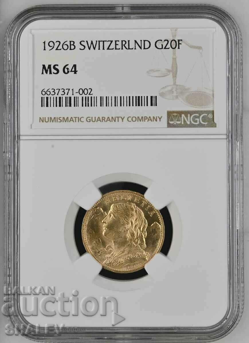 20 franci 1926 Elveția - MS64 (aur)