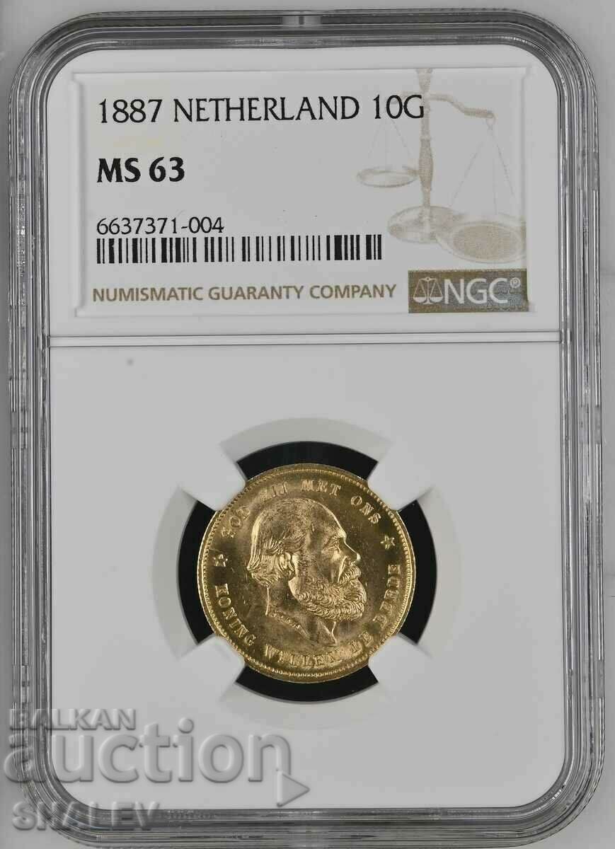 10 Gulden 1887 Olanda - MS63 (aur)
