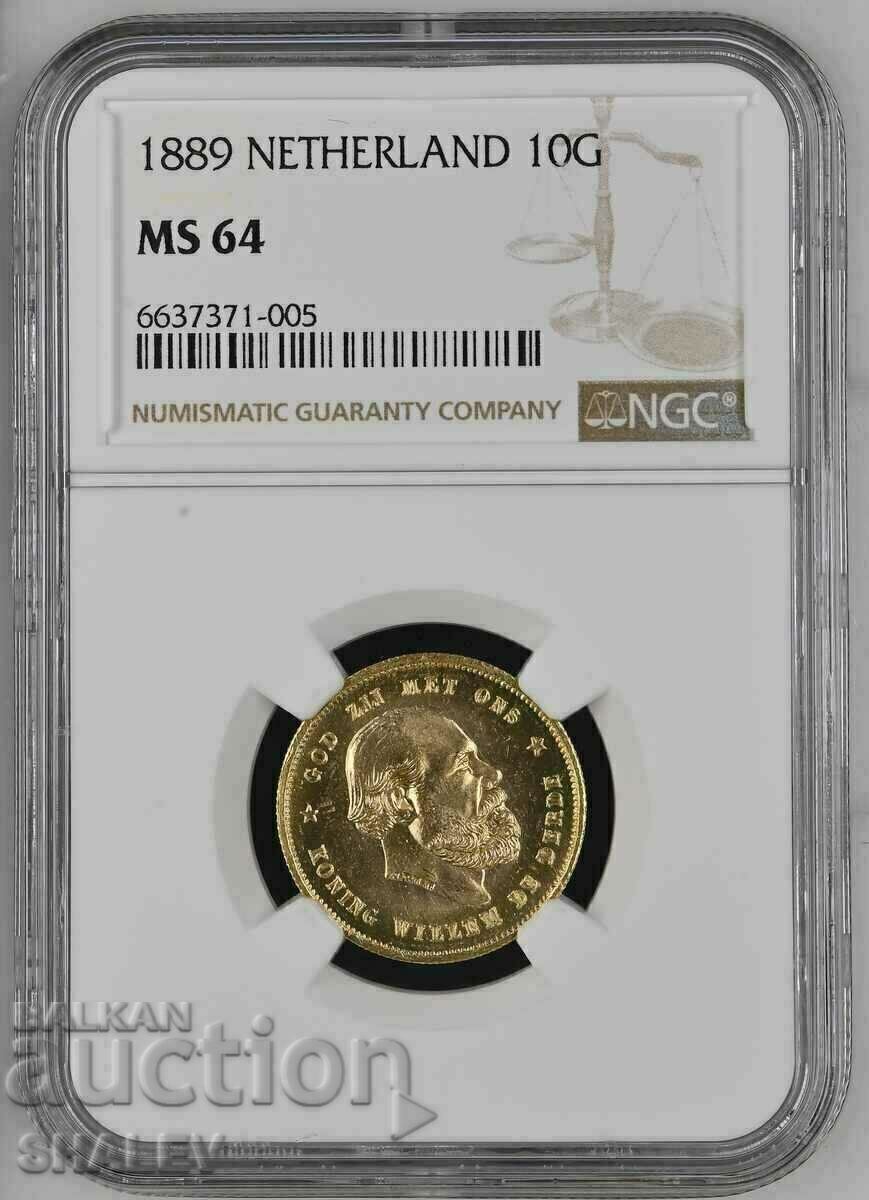 10 Gulden 1889 Olanda - MS64 NGC (aur)