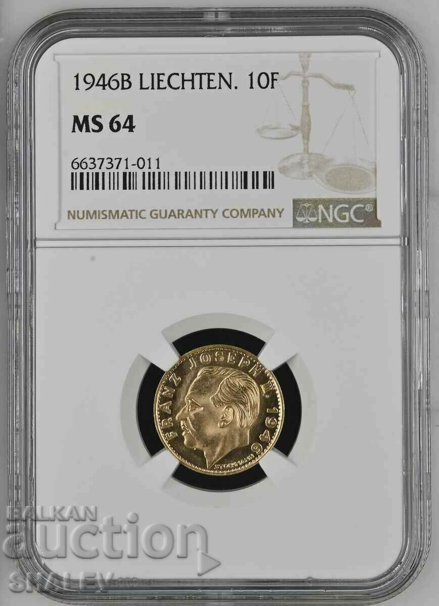10 Francs 1946 Liechtenstein (Liechtenstein) - MS64 (gold)