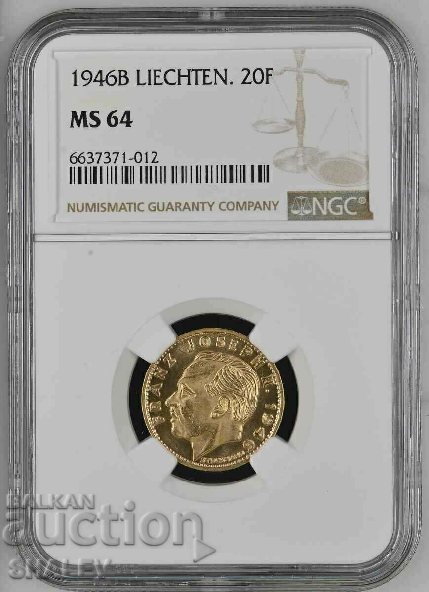 20 franci 1946 Liechtenstein - MS64 (aur)