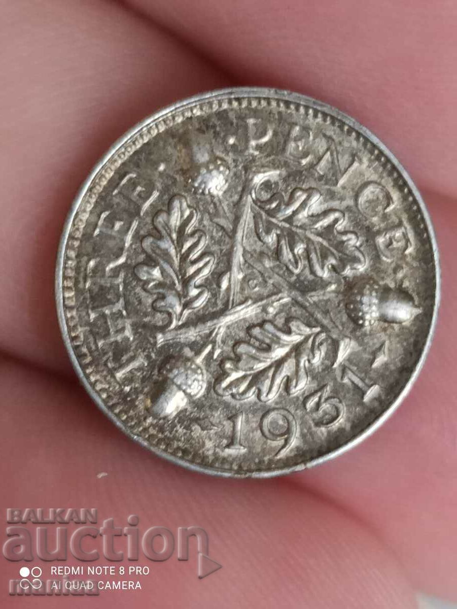 Аукцион 3 пенса 1931г сребро Великобритания