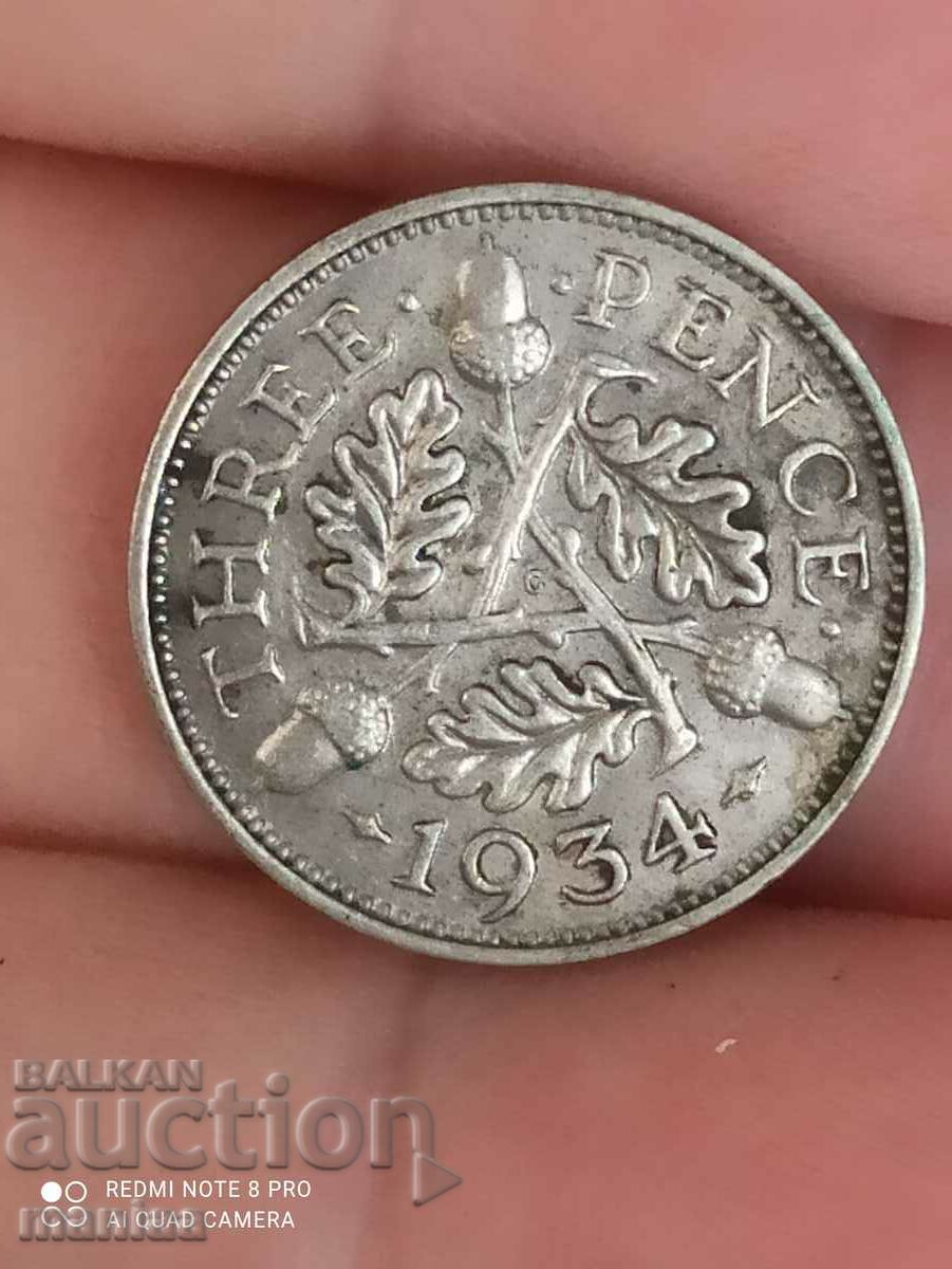 3 πένες ασήμι 1934 Μεγάλη Βρετανία