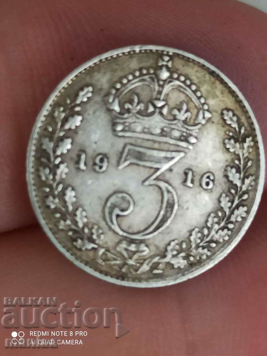 3 пенса 1916 г сребро Великобритания