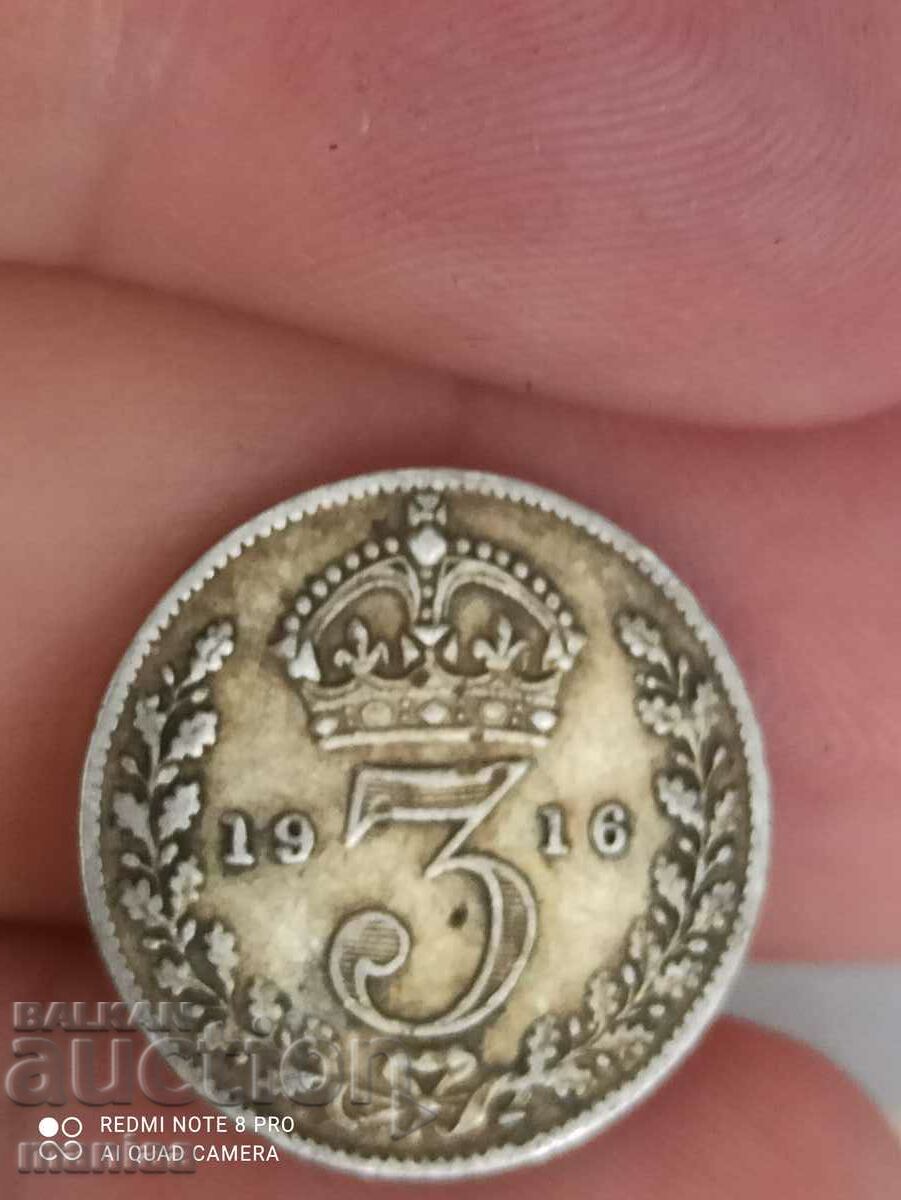 3 пенса 1916 г сребро Великобритания