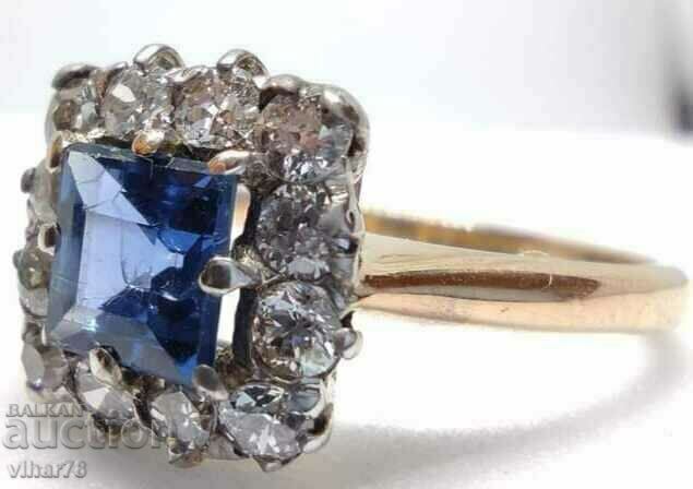 Livrarea Frumos inel de aur 14 karta, diamante și safir