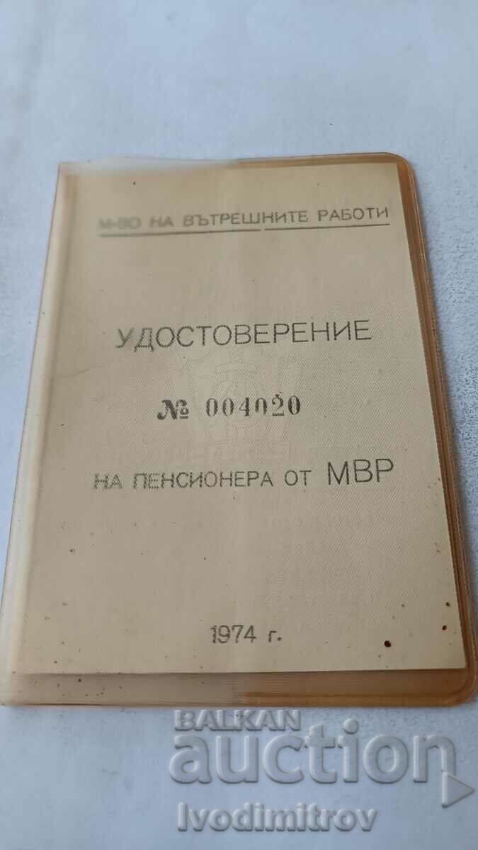 Pensioner's certificate from the Ministry of the Interior 1974