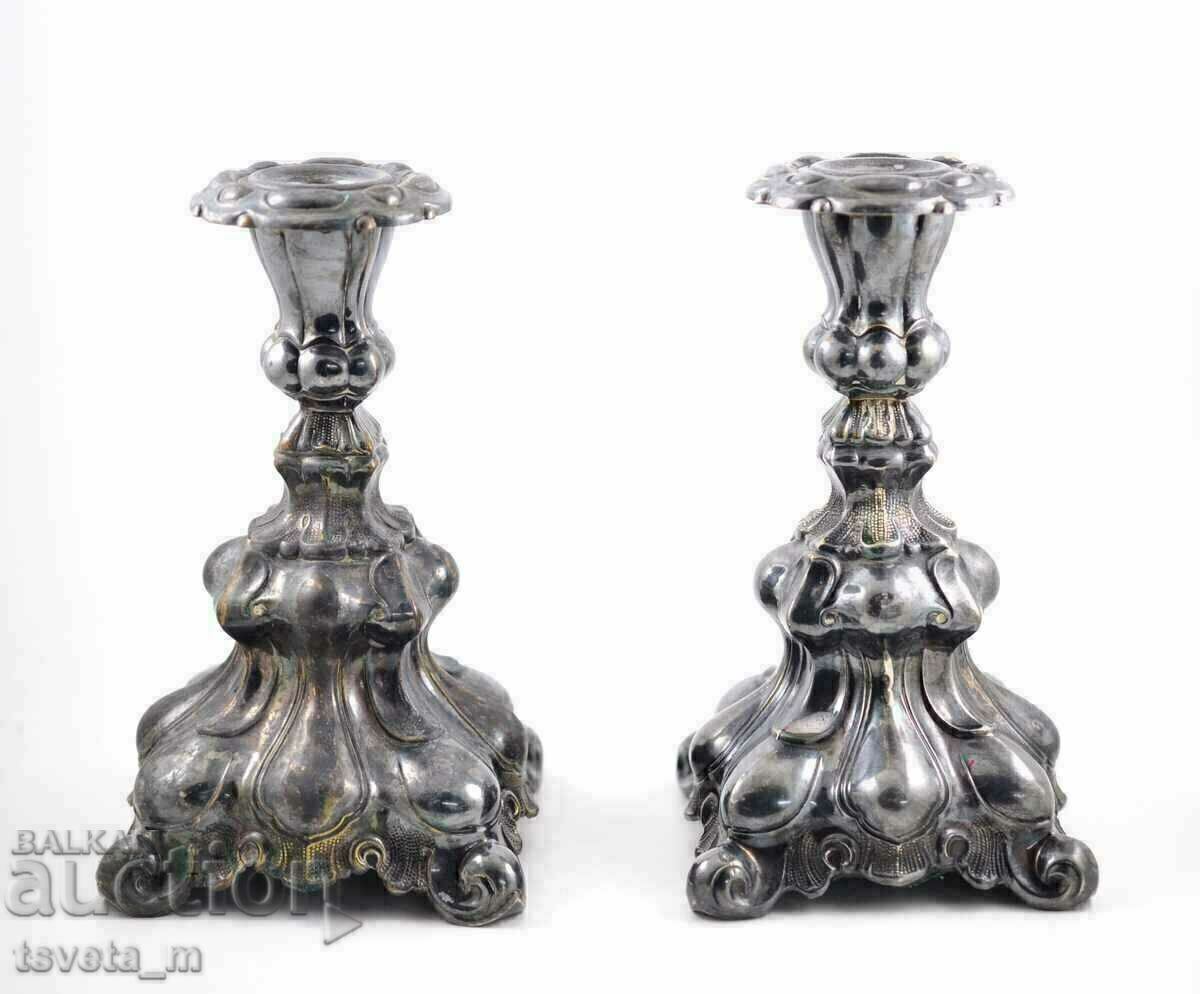 PAIR OF CANDLESTICKS DEEP SILVER PLATED with three stamps