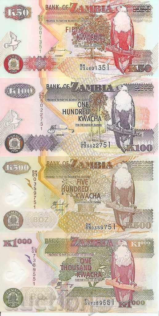 +++ ZAMBIA 50, 100, 500, 1000 QUAD 2008 2008 UNC +++