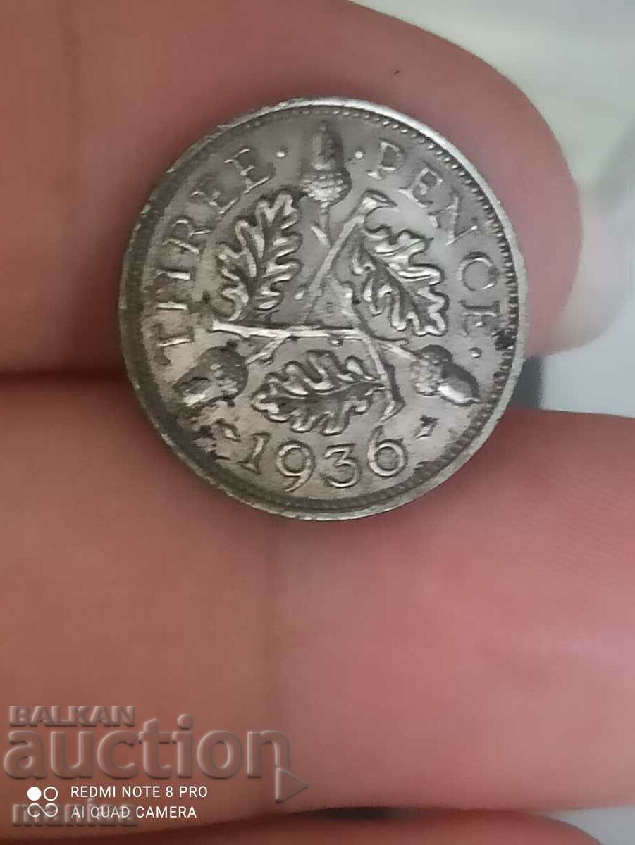 3 πένες ασήμι 1936 Μεγάλη Βρετανία