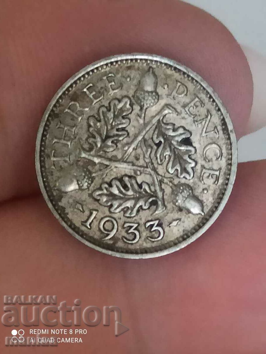 3 pence 1933 argint Marea Britanie