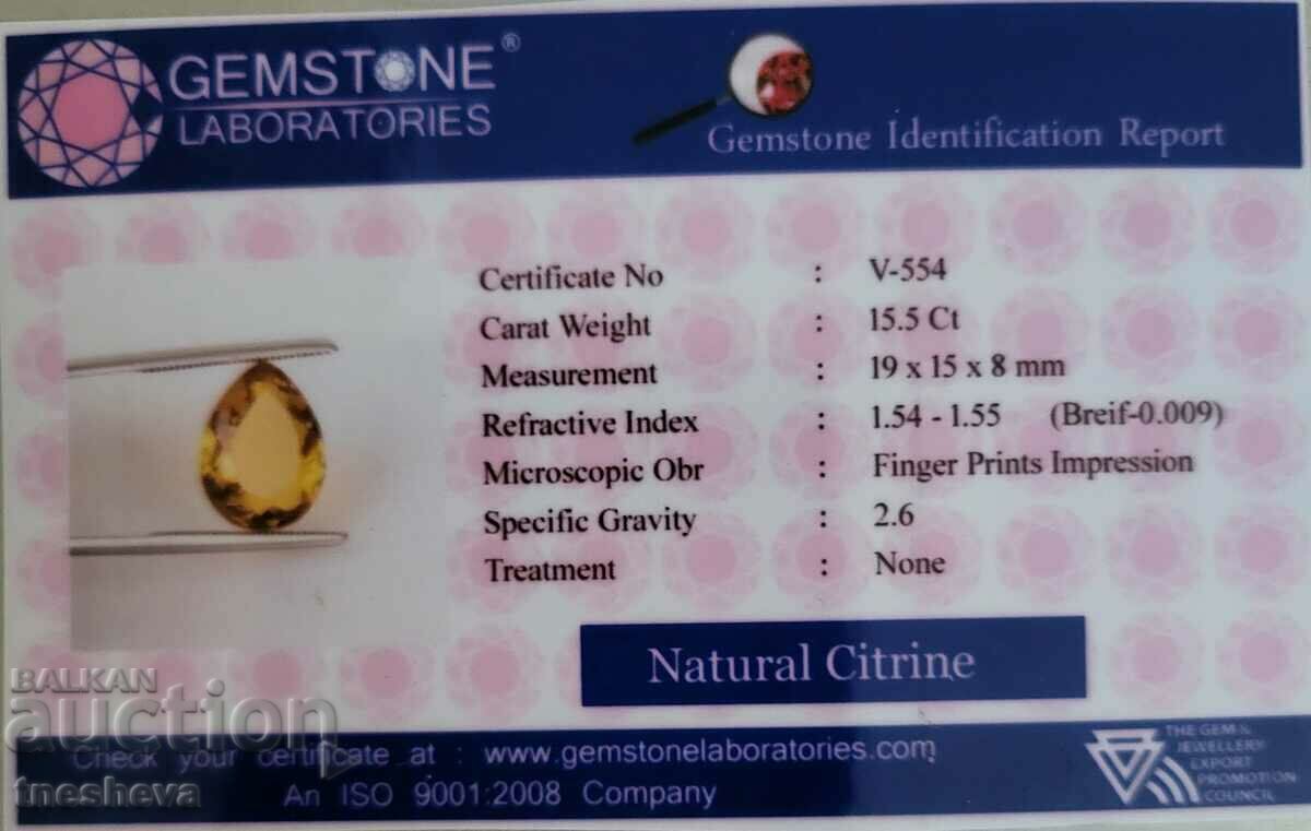 Delicate yellow citrine 15.50 ct.+ certificate - 5 Delicate yellow citrine 15.50 ct.+ certificate - 5