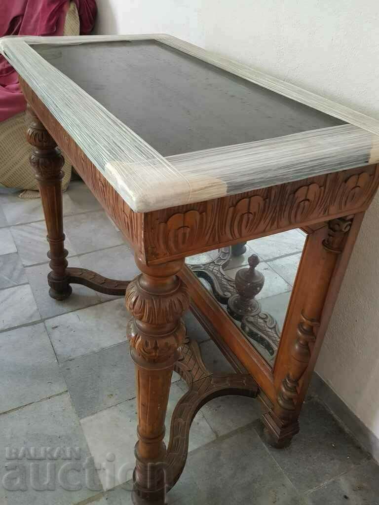 Hand-carved wooden table furniture with black granite and a mirror - 5