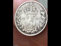 Marea Britanie 3 Pence 1900 Regina Victoria Argint .925
