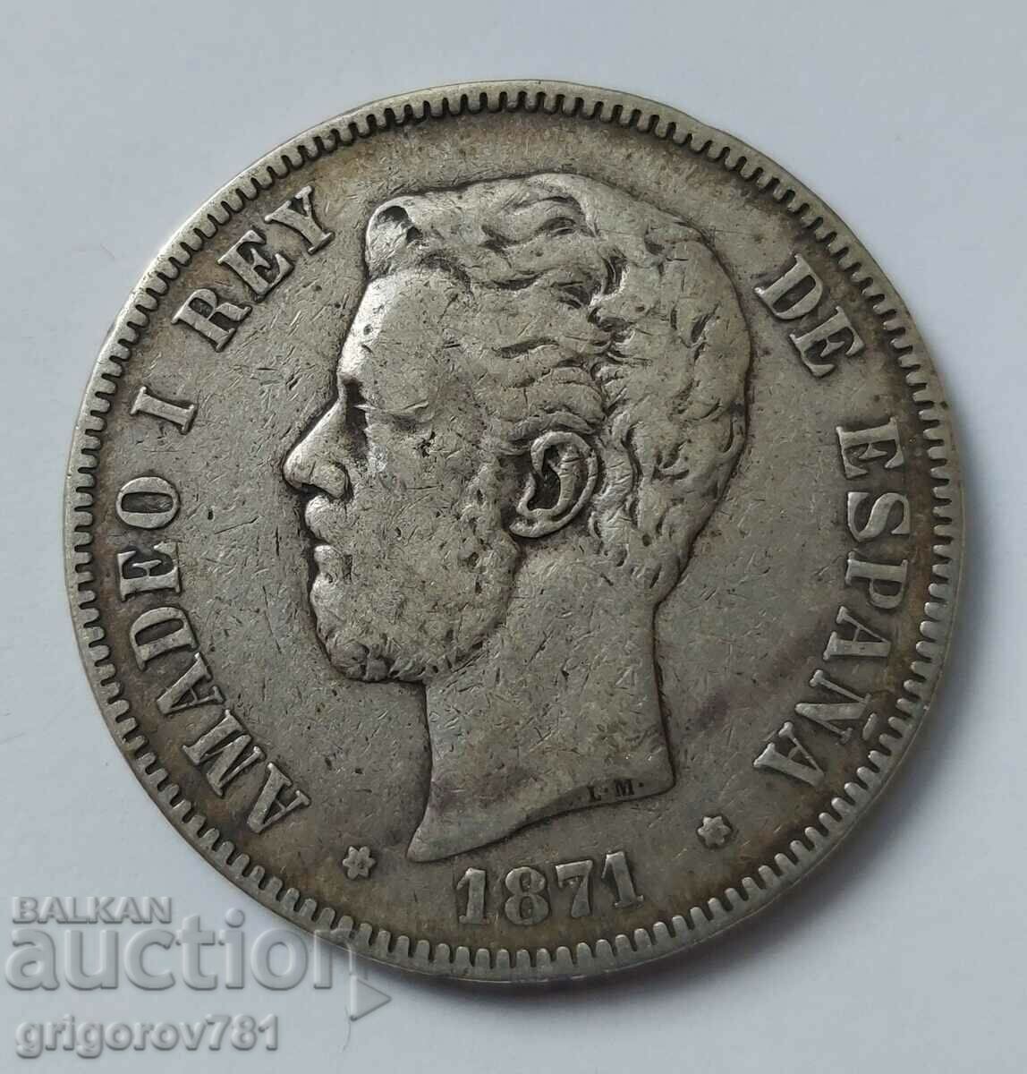 5 песети сребро Испания 1871 - сребърна монета #113
