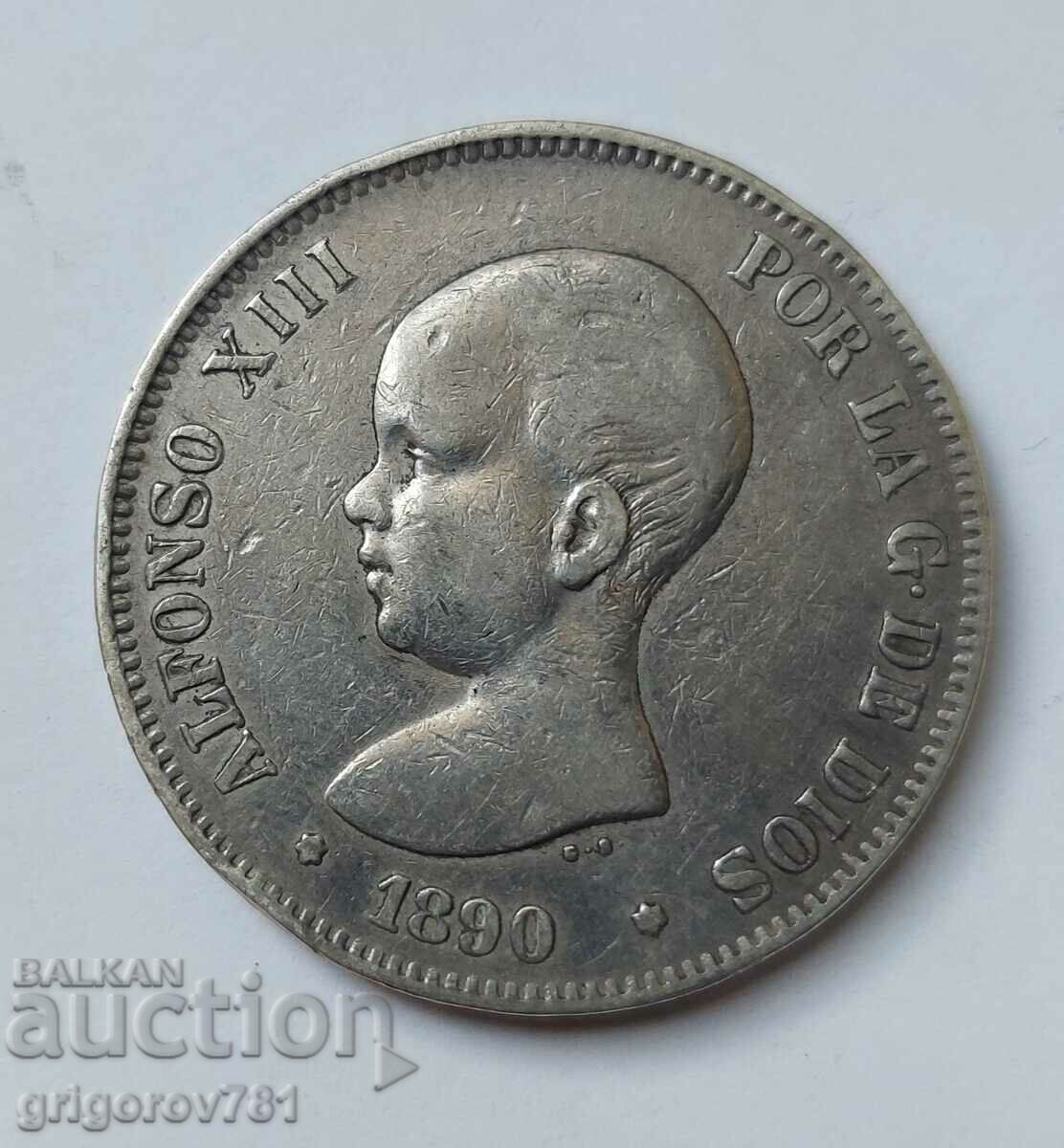 5 песети сребро Испания 1890 - сребърна монета #193
