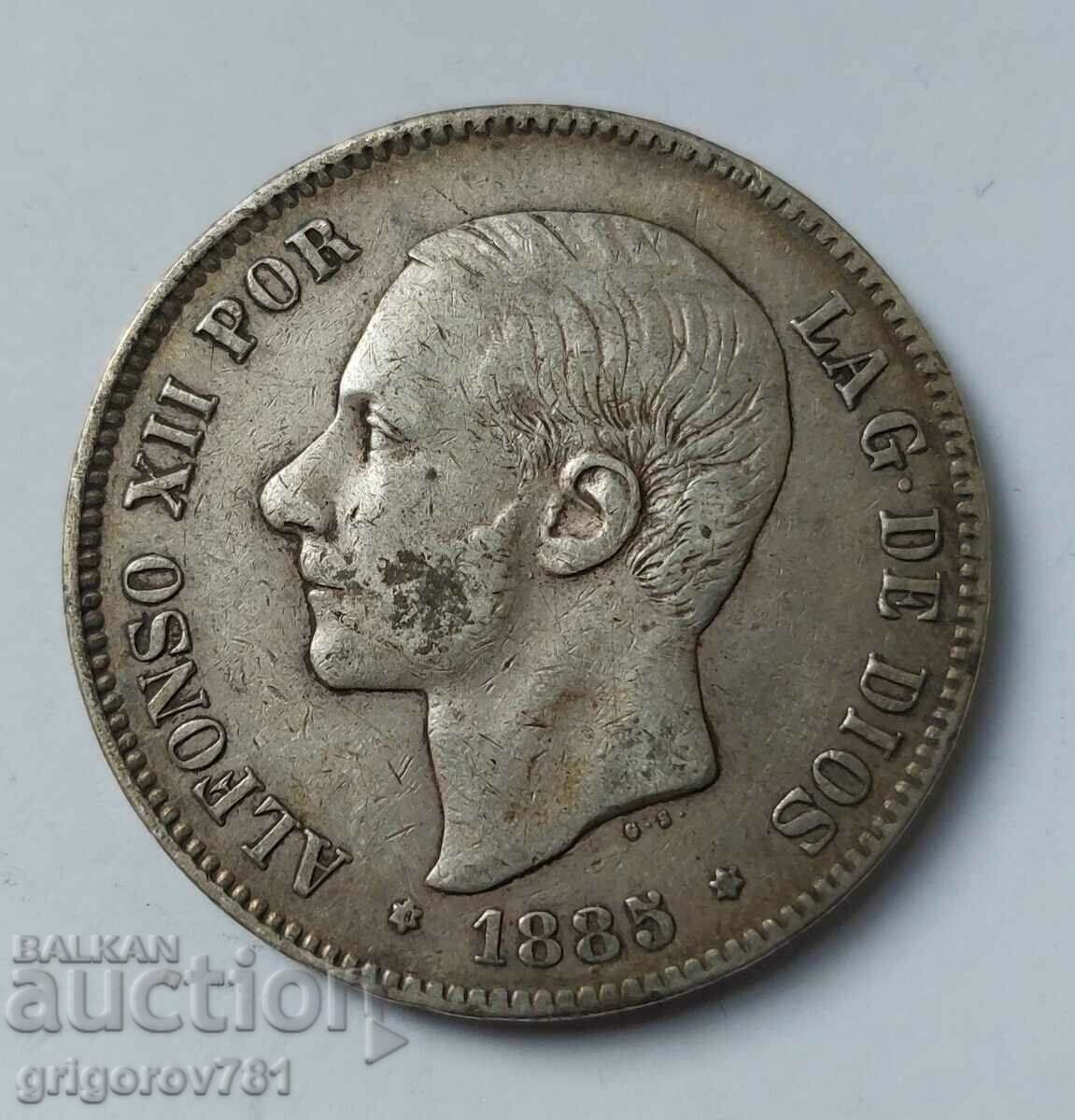 5 Πεσέτες Ασημένιο Ισπανία 1885 - Ασημένιο νόμισμα #198