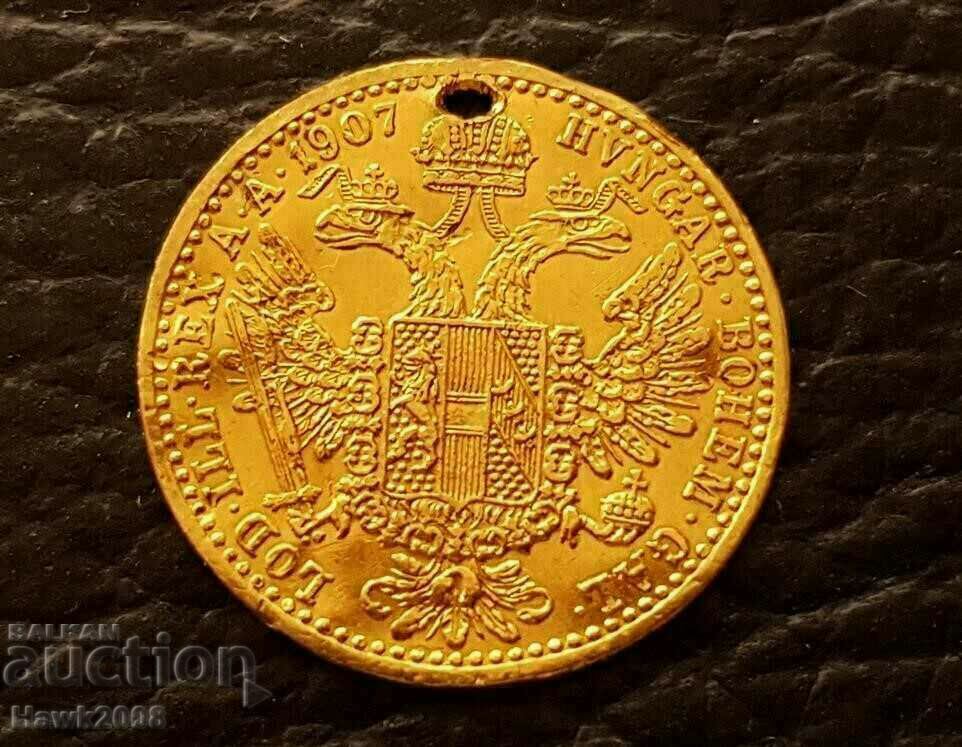 Златна РЯДКА ИСТОРИЧЕСКА монета 1 Дукат Австрия 1907 г