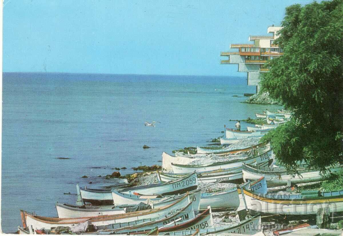 Old postcard - Pomorie, hotel "Pomorie" and boats