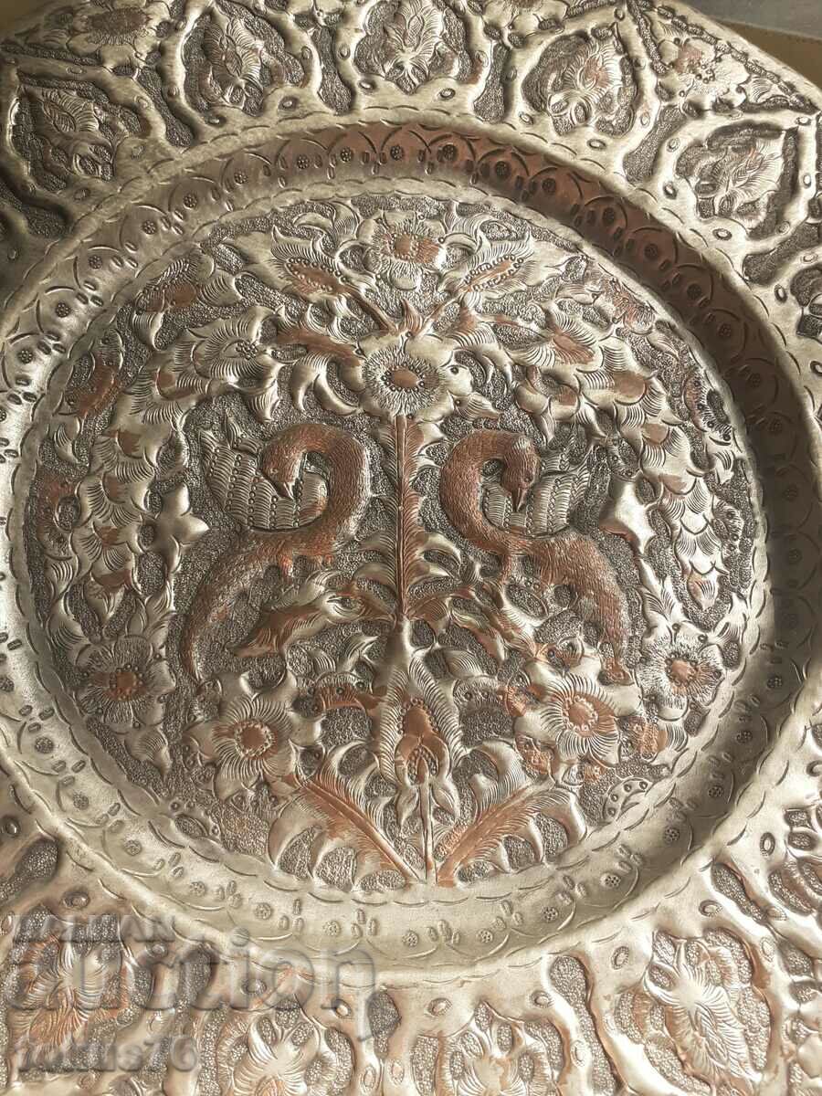 Old large hammered and engraved copper chicken plate - 5 Old large hammered and engraved copper chicken plate - 5