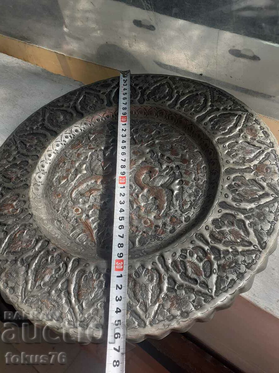 Old large hammered and engraved copper chicken plate - 7 Old large hammered and engraved copper chicken plate - 7