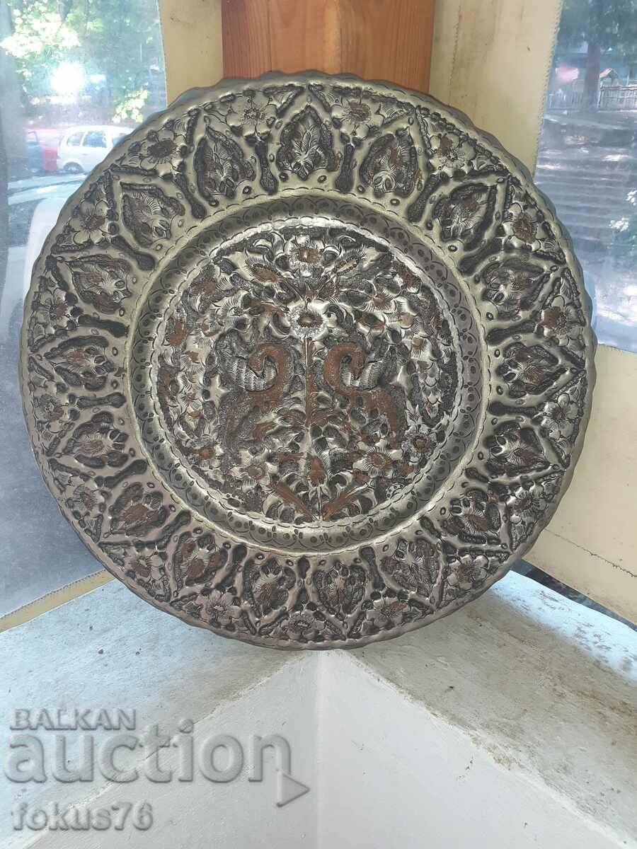 Old large hammered and engraved copper chicken plate