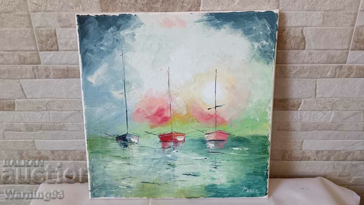 Картина "Лодки" - маслени бои на платно - 30/30см