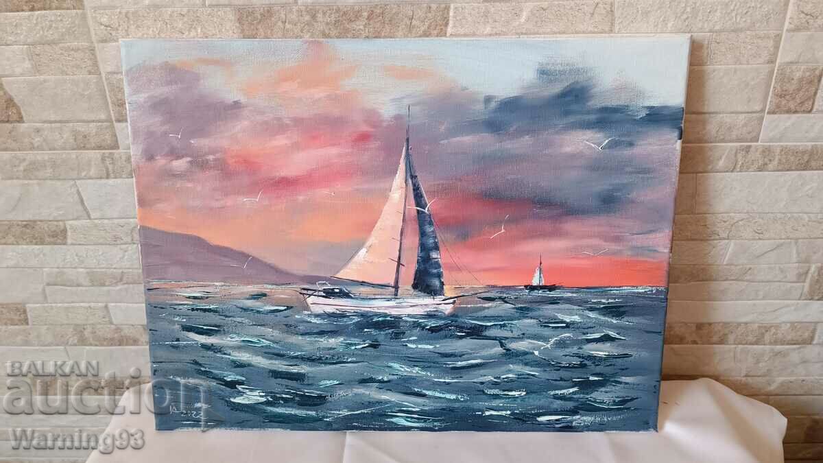 Tablou „Barca în mare” - picturi în ulei pe pânză - 40/31cm