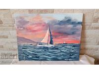 Painting "Boat in the sea" - oil paints on canvas - 40/31cm