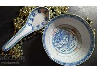 Vintage porcelain rice bowl with spoon/markings