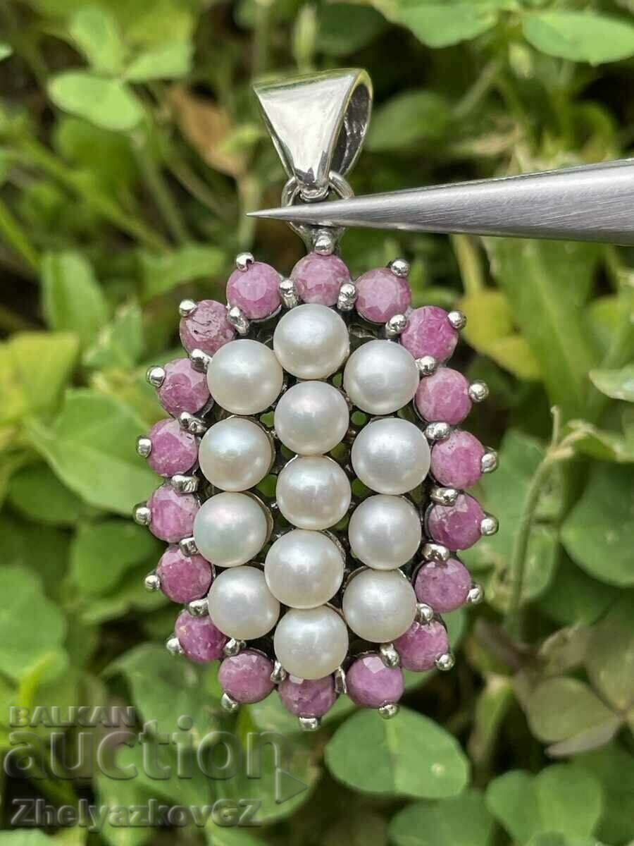 Solid silver locket with natural rubies and pearls