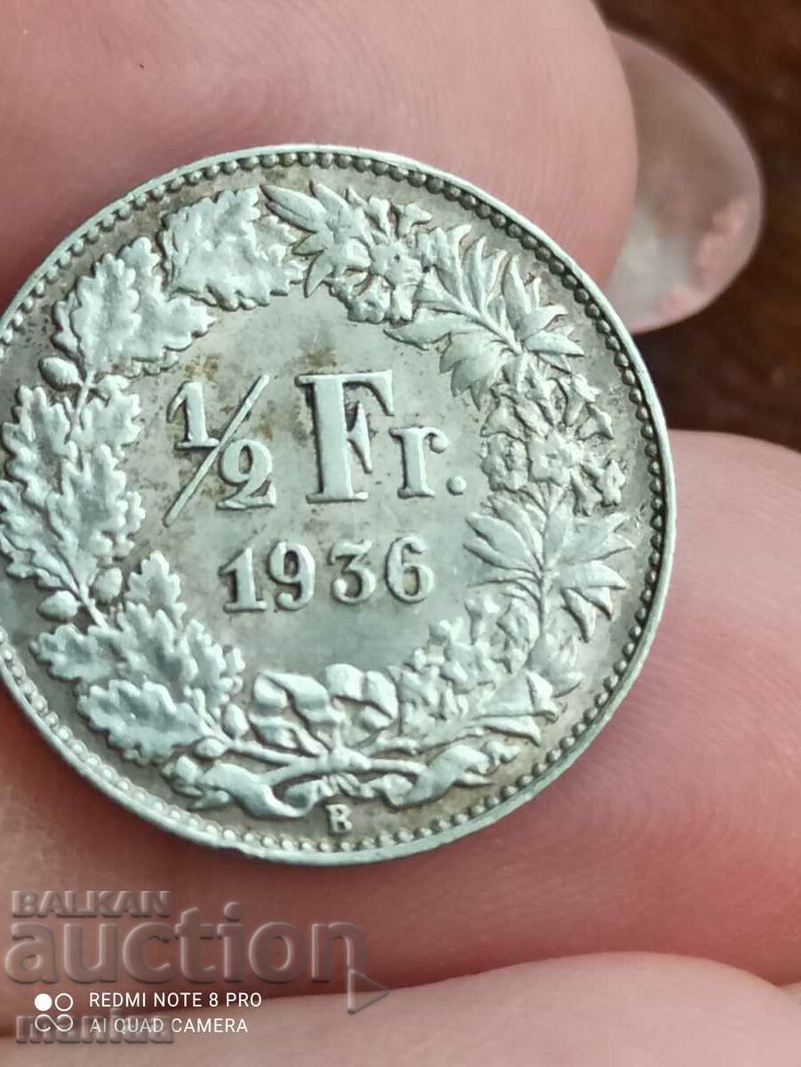 Auction  1/2 franc Switzerland 1936 letter B rare coin