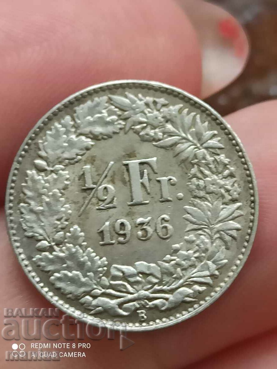 1/2 franc Elveția 1936 litera B monedă rară