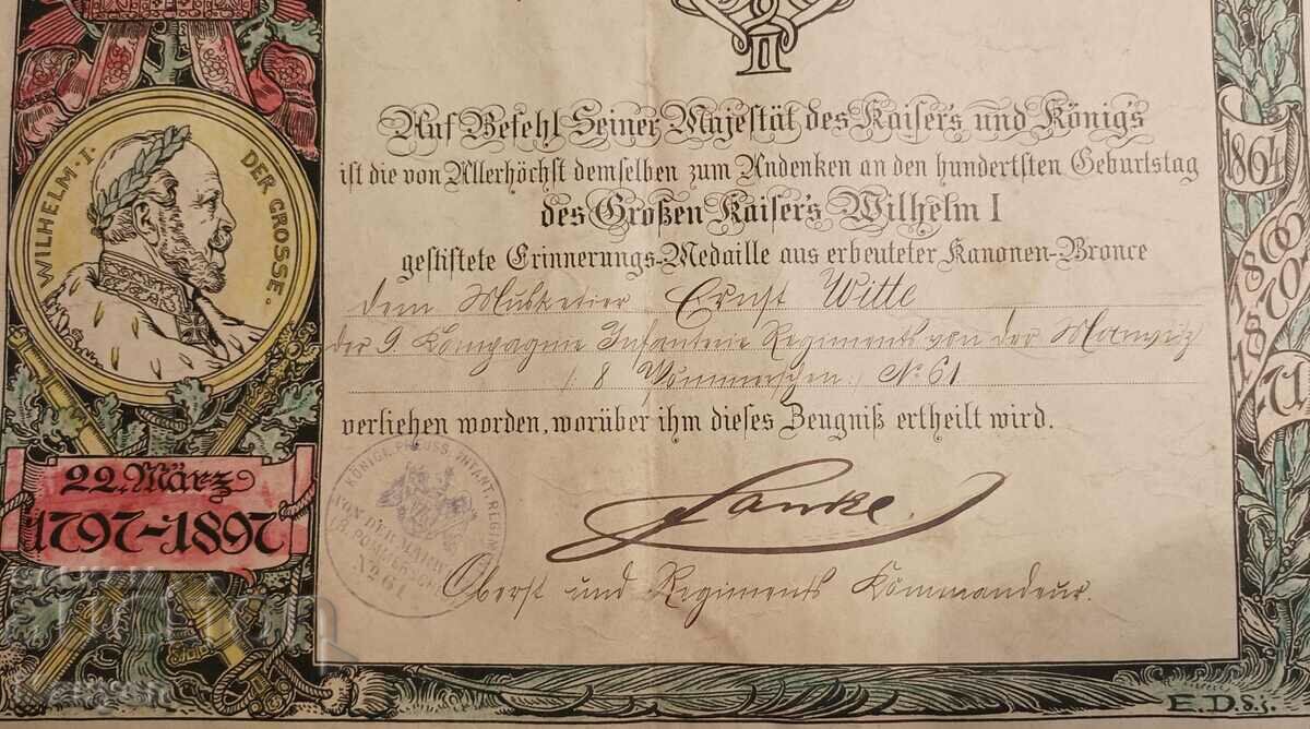 Auction Wilhelm I, medal certificate. Auction Wilhelm I, medal certificate.
