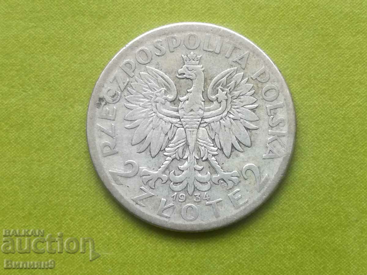2 zlotys 1934 Poland "Head of Polonia" Silver