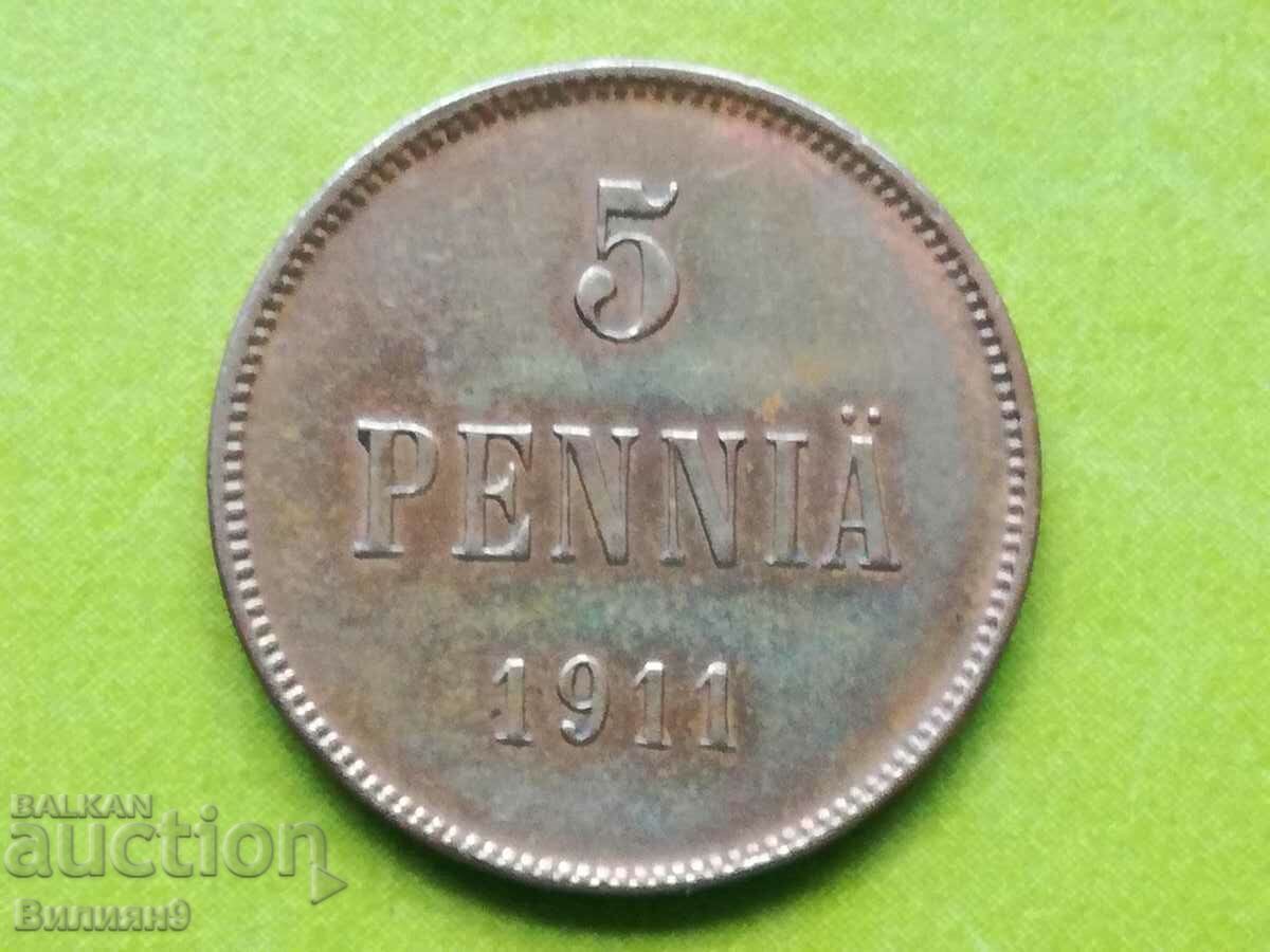 5 pennies / penya / 1911 Russia for Finland