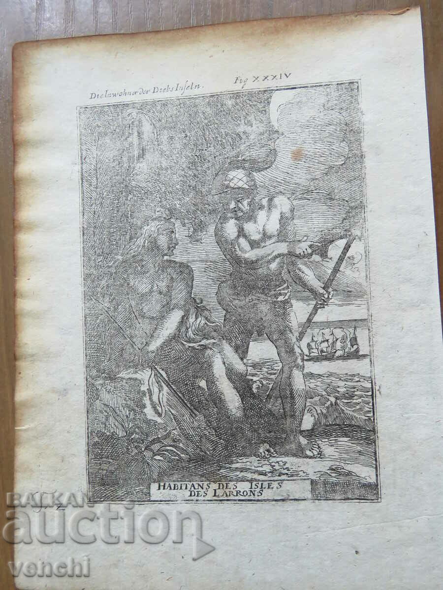 1717 - GRAVURĂ MALLET - OAMENI DIN INSULELE LADRONE - original 1717 - GRAVURĂ MALLET - OAMENI DIN INSULELE LADRONE - original