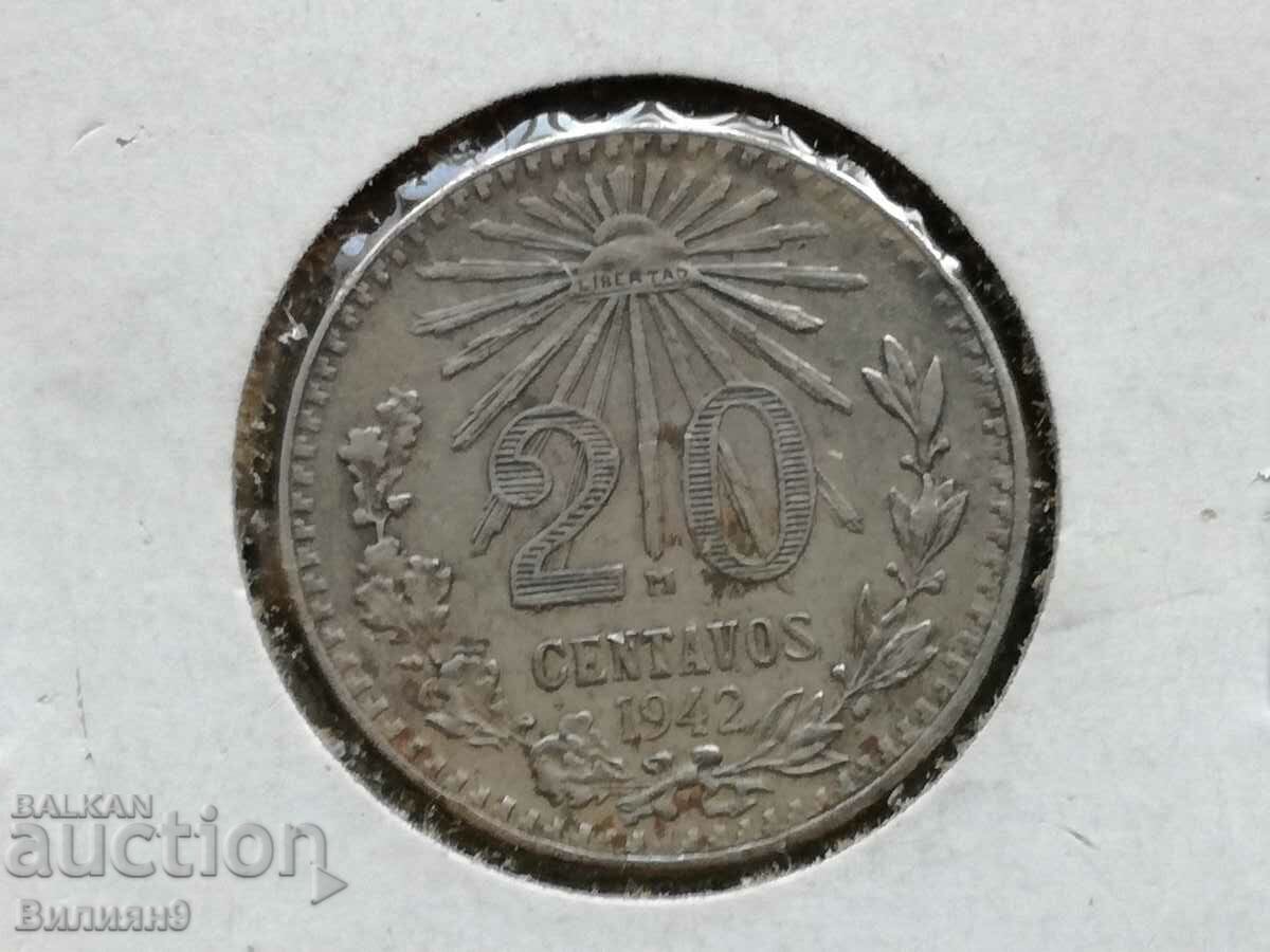 20 Centavos 1942 Mexico Silver