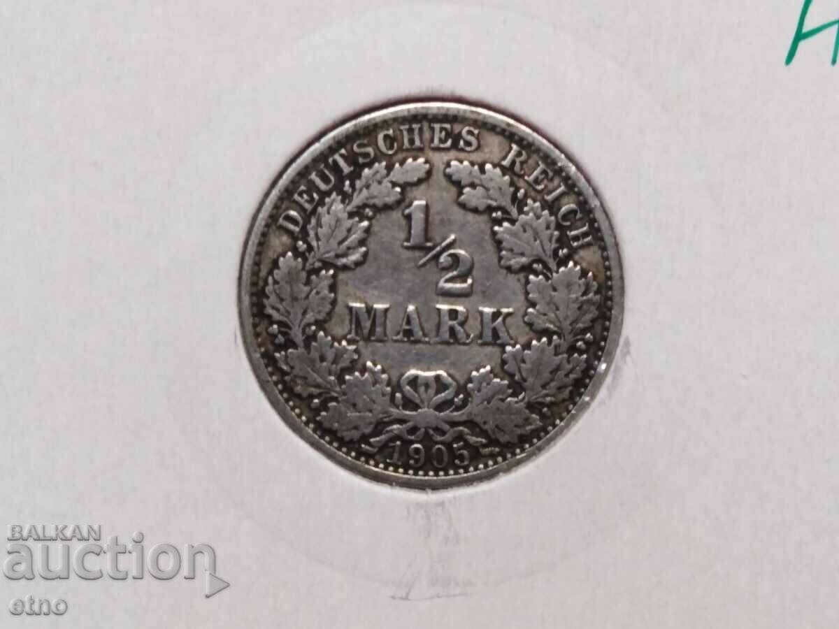 1905 A, GERMANY 1/2 MARK, SILVER, COIN, COINS