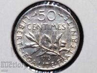50 centimes FRANTA 1915, moneda Argint 0,835