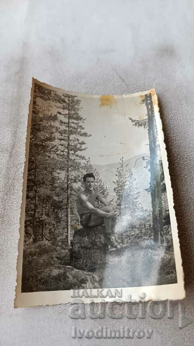 Photo Young man naked to the waist on a log in the forest 1956