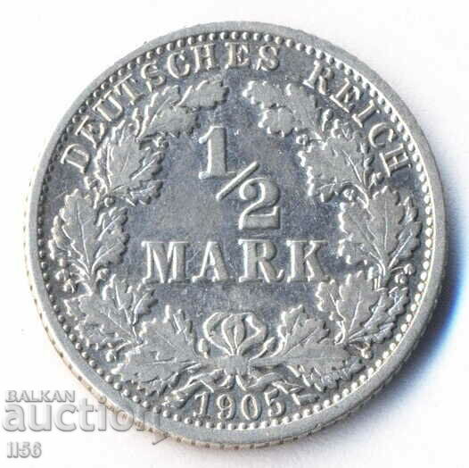 Германия - 1/2 марка 1905 - Хамбург (J) - сребро