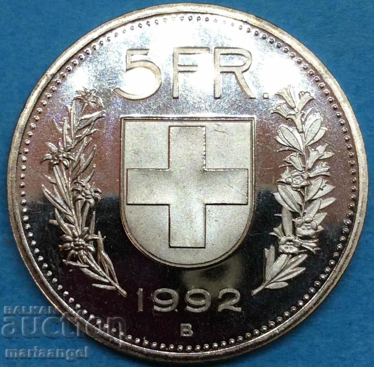 Elvetia 5 franci 1992 UNC PROOF