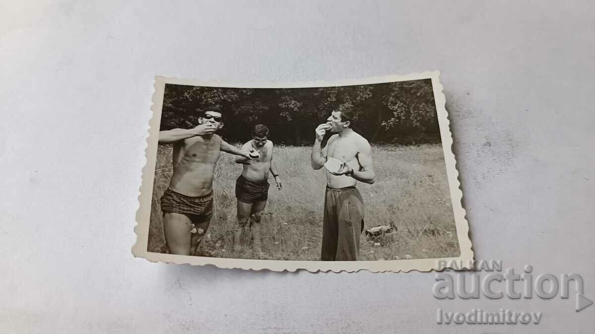 Φωτογραφία Τρεις άντρες με σορτς που τρώνε καρπούζι σε ένα λιβάδι