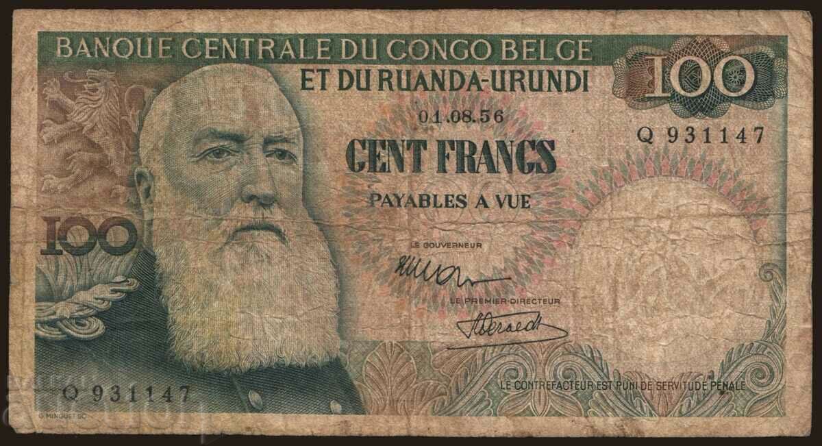 Congo belgian Rwanda Burundi 100 franci 1956 Leopold al II-lea