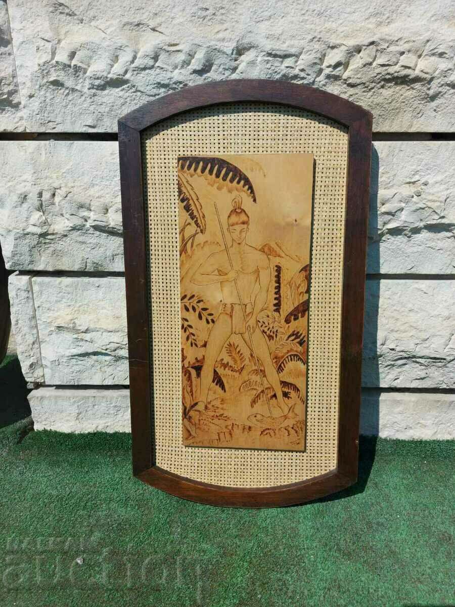 1974 RARE AUTHENTIC INDIAN PYROGRAPHED PANEL PAINTING