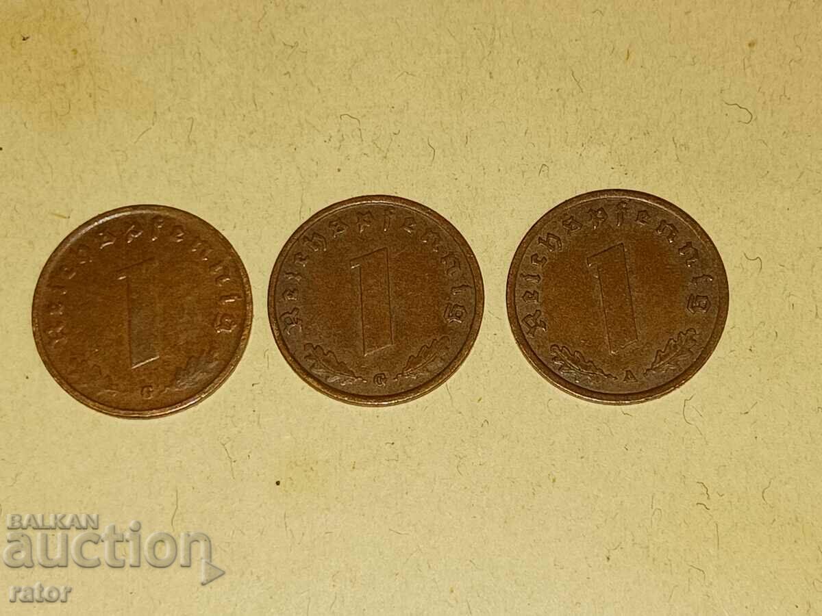 1 pfennig 1937, 1938 and 1939. Germany, Third Reich - 3 pcs - 5 1 pfennig 1937, 1938 and 1939. Germany, Third Reich - 3 pcs - 5