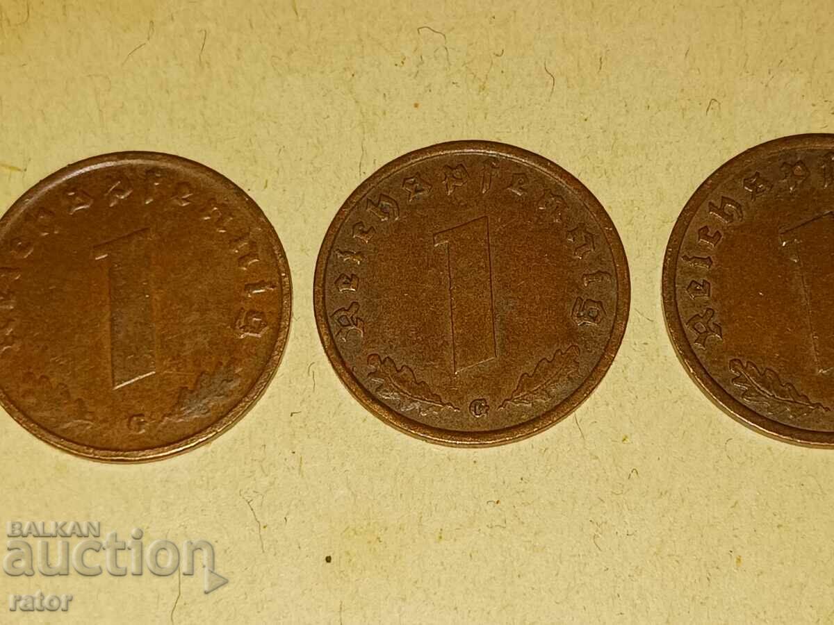 1 pfennig 1937, 1938 and 1939. Germany, Third Reich - 3 pcs - 7 1 pfennig 1937, 1938 and 1939. Germany, Third Reich - 3 pcs - 7