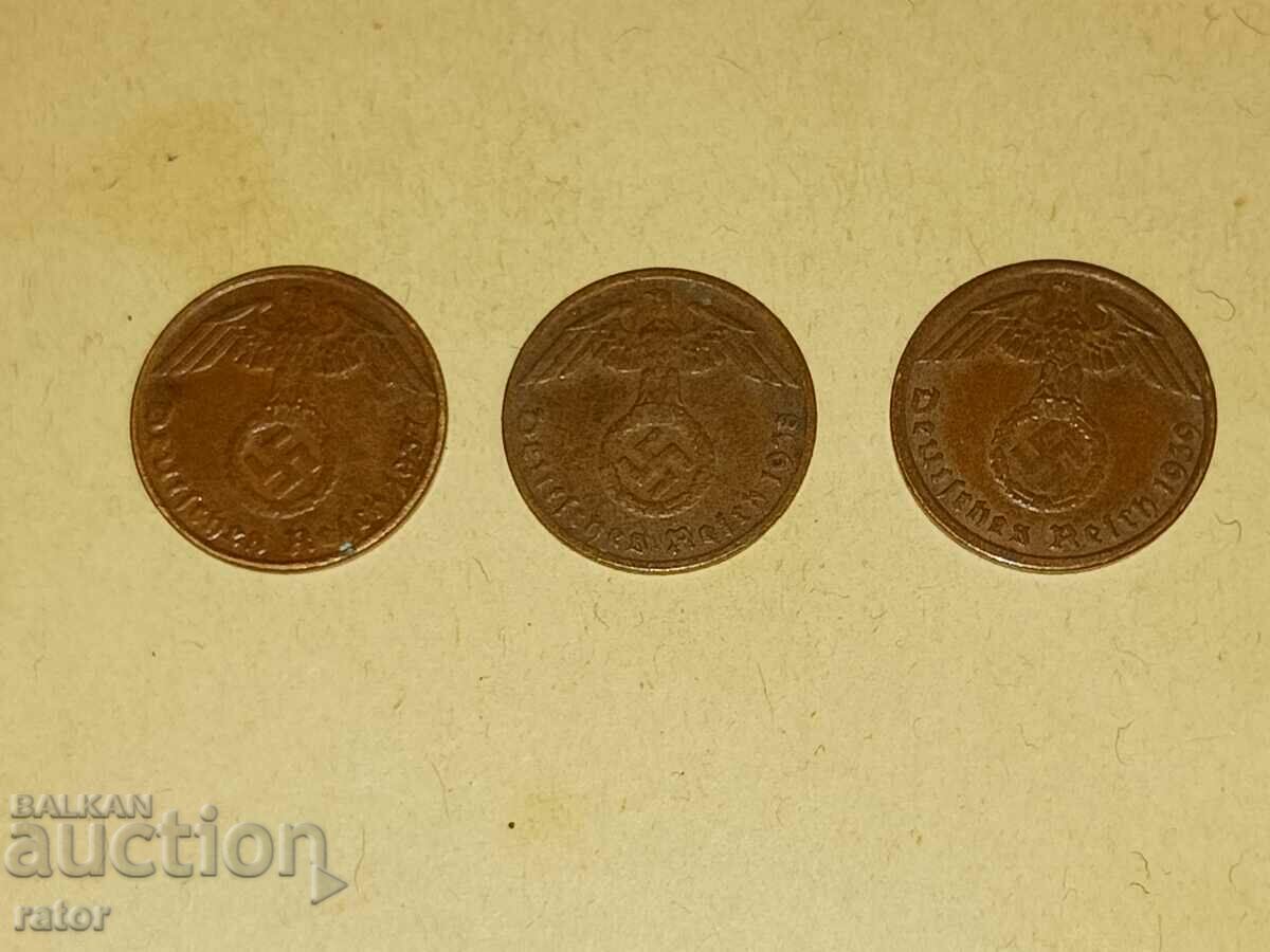 1 пфениг 1937 , 1938 и 1939 г . Германия , Трети райх - 3 бр