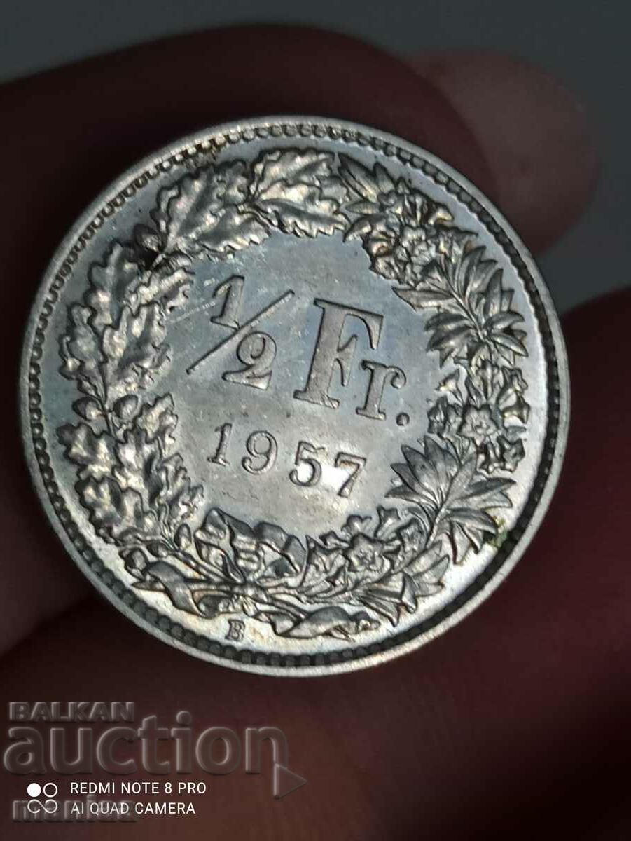 Auction 1/2 Franc Swiss Unc Silver 1957 Auction 1/2 Franc Swiss Unc Silver 1957